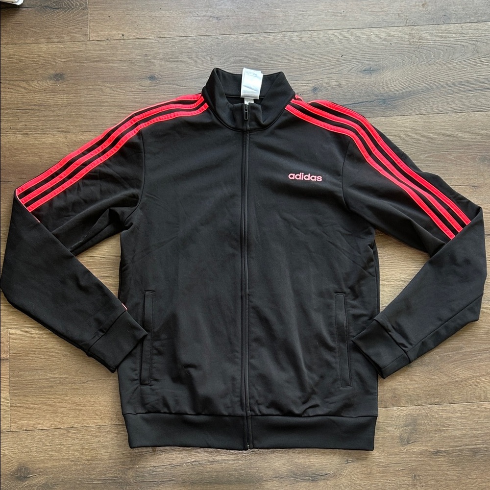 adidas Black Track Jacket with Pink Stripes and Logo !! Medium